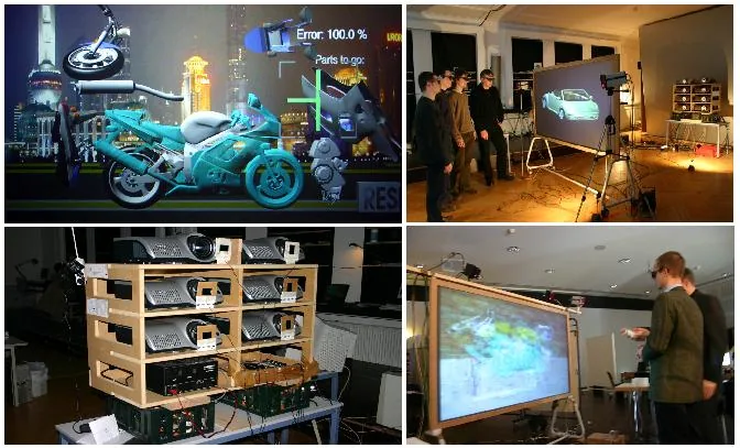 Four scenes from the Weimar years: an augmented-reality motorcycle overlay, a projection rig aimed at a car body, a stacked render cluster, and a back-projection screen in use.