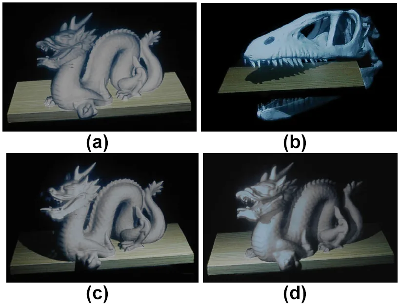 Four renderings of a dragon figurine and a skull, shown under different illumination models.