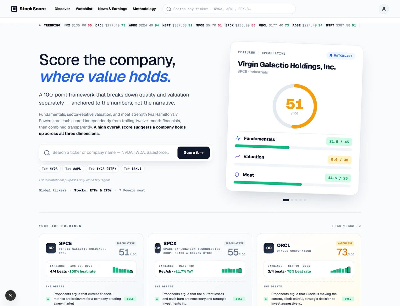 The StockScore interface: a 100-point score dial beside separate fundamentals, valuation and moat bars, above a row of scored holdings.